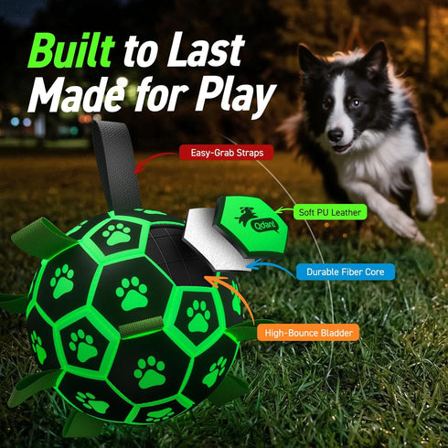 (8 Inch) QDAN Glow in The Dark Dog Toys Soccer Ball with Straps - Light Up Dog Balls for Large Dogs, Interactive Dog