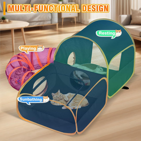 2-Linked-Enclosed Portable Cat Playpen with Surround Tunnel, Areas, Ideal Cat Tent Outdoor or Cat Playpen for Indoor