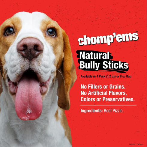 Chomp'ems Naturally Delicious Bully Sticks - Long Lasting No Hide Dog Chews, 8 Oz, No Artificial Additives