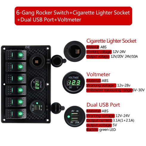 FXC 6 Gang Waterproof Marine Boat Rocker Switch Panel with Dual USB, Cigarette Lighter & Green LED Voltage Display