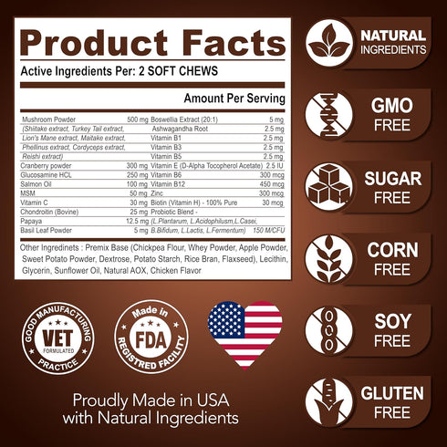 170 Immunity Turkey Tail Mushroom for Dogs - Chews - Mushroom Supplement for Dogs - Lions Mane - Reishi - Support