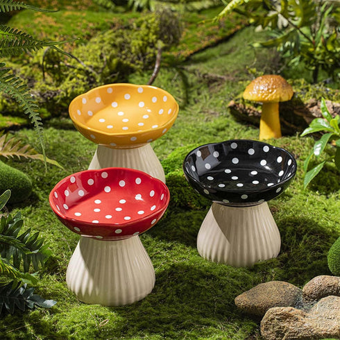 Cute Mushroom Elevated Cat Bowl, Ceramic Cat Food and Water Bowls, Wide Shallow Dish, Whisker Fatigue (Yellow)