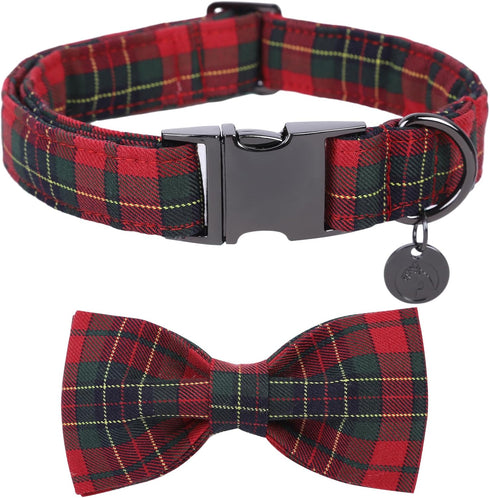DOGWONG Christmas Red Plaid Dog Collar with Bowtie, Cute Durable Soft Cotton Collar for Small Medium Large Dogs