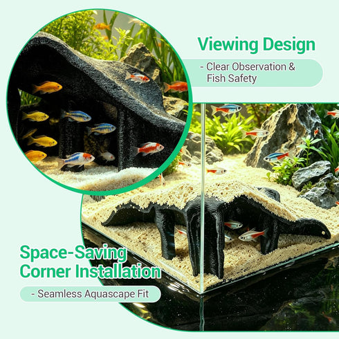 500g 7.5x7.5x4 Inch Aquarium Cave Fish Tank Cave Decor Corner Hide PETG Reptile Hideout with Sand, Mangrove Root