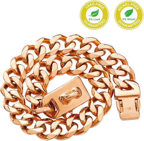 Rose Gold Chain Dog Collar, 19mm 18K Gold Cuban Link with Secure Snap Buckle for Large Pitbull (26")