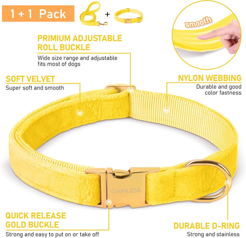 GAMUDA Velvet Dog Collar and Leash, Super Soft and Smooth, Heavy Duty Gold Buckle, Comfortable and Easy to Clean, Adjustable Collar for Dog (XS, Yellow)
