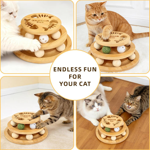 DRAGONCEE Cat Ball Track Toy with Puzzle Top, Interactive Cat Toys for Indoor Cats with Spinning Balls, Wooden Cat Ball