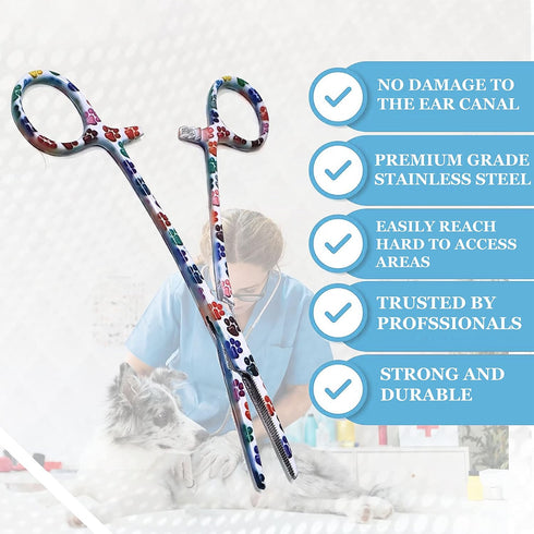 Dog Pet Ear/Nose Hair Puller Grooming Hemostat Locking Forceps Pliers, 5.5" (14cm), Straight (White Multi Paws)