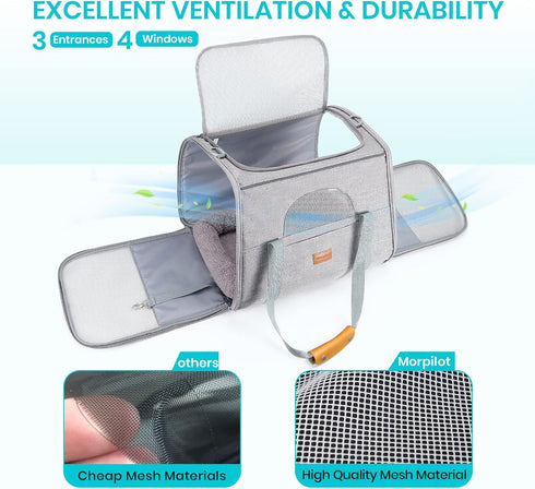 Morpilot Portable Cat Carrier, Soft-Sided for Medium Cats and Puppies up to 15lbs, Airline Approved, Light Gray
