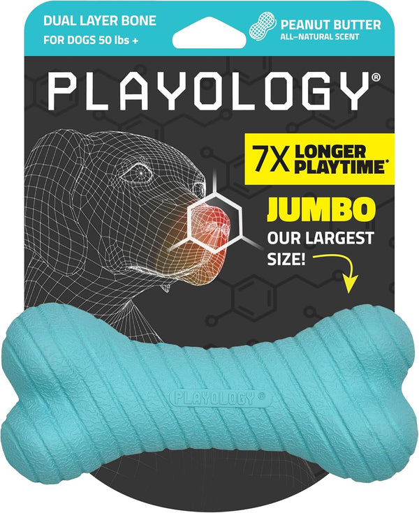 Playology Dog Toys, Dual Layer Bone Chew Toy for Dogs, Jumbo Peanut Butter Scented, Non-Toxic Materials