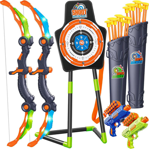 GMAOPHY Bow and Arrow 2 Pack for Kids 5-11+ Year Olds, LED Light Up Archery Toy with 20 Arrows, Target & Quiver