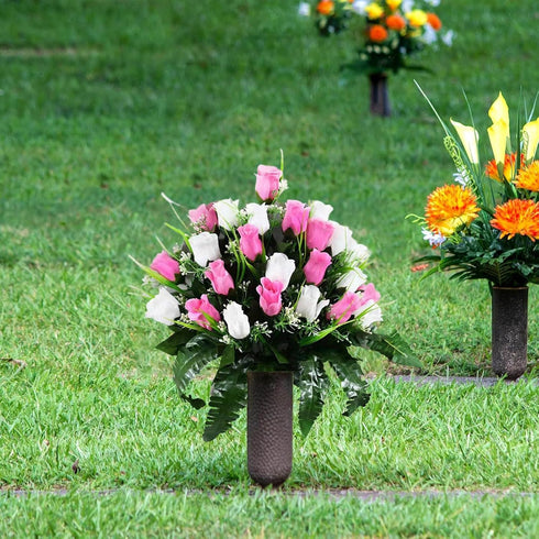 Gooddyiyukey Artificial Grave Flowers for Cemetery, Mothers Day Grave Decorations, Faux Fake Red White Blue Silk Roses