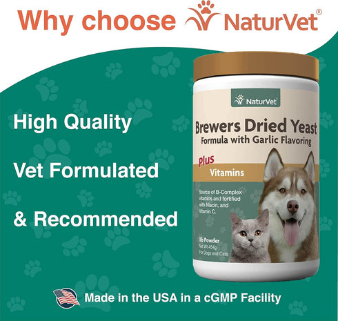 NaturVet Brewers Dried Yeast Formula with Garlic Flavoring Plus Vitamins for Dogs and Cats, 1 Pound