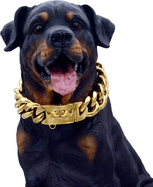 Strong Gold Stainless Steel Dog Collars with Safety Buckle Lock, 23MM Cuban Link Training Collar for Small Medium &