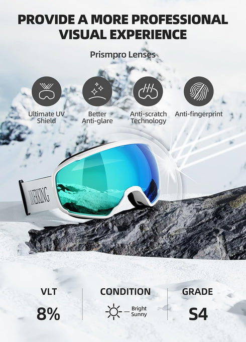 OTG Ski Goggles SGS Approved - Anti Fog Over Glasses Snow/Snowboard Sports Goggles for Men, Women & Youth - RevoBlue 8%