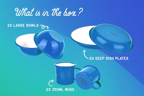 Lost & Found 6 Piece Premium Enamelware Bowl Plate Mug Outdoor Dining Set for Camping Hiking Vanlife (Glacier Blue)