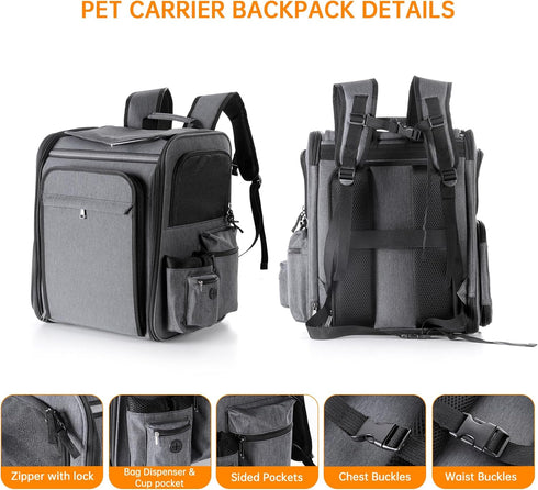 Pet Travel Carrier Backpack, Soft-Sided Breathable Mesh for Cats, Dogs, Puppies up to 20 Lbs, Grey + Black