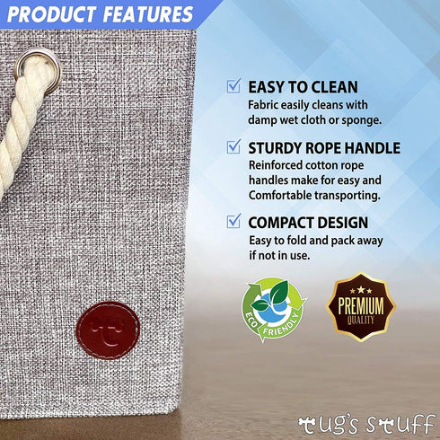 Tug's Stuff Perfect Size Dog Toy Box - Pet Storage Basket for Leash, Blankets, Treats, Clothes, Accessories
