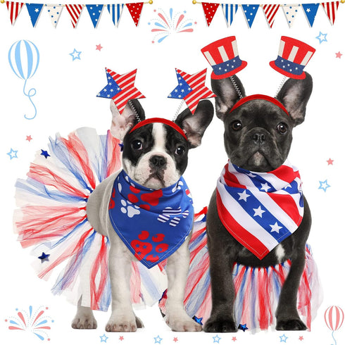 4th of July Dog Costume Accessories - 6 Pieces Includes Bandanas, Tulle Tutu, Patriotic Headbands for Dogs