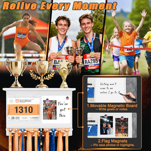 2-Bar 50+ Running Medal Display with Trophy Shelf, Race Bib Holder and Whiteboard, Medal Holder for Medals with Flag