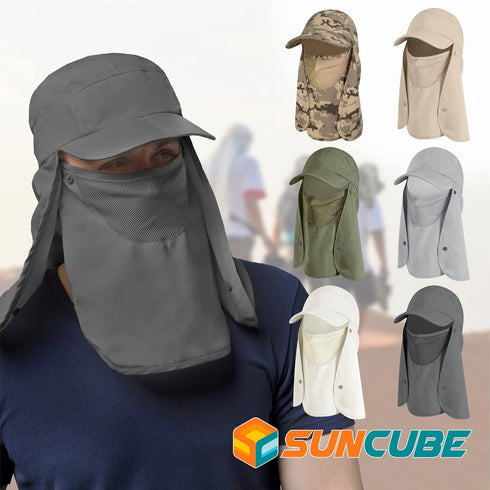 SUN CUBE Fishing Sun Hat with Neck Flap | UV Protection Outdoor Bucket Cap with Face Covering