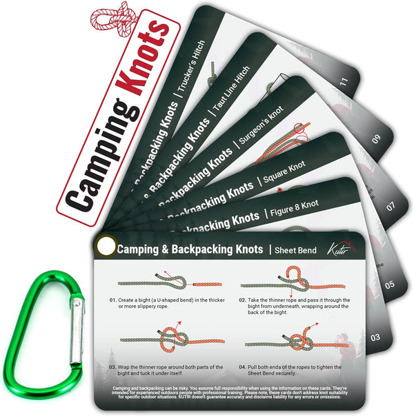 Outdoor Knots Mastery Guide, Essential Backpacking and Camping Pocket Size Knot Cards with Mini Carabiner