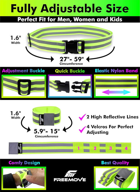FREEMOVE Reflective SASH with 2 Bands or Reflective Runners Waist Belt with 4 Arm Bands for Visibility & Safety