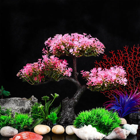 VICASKY Aquarium Artificial Decoration Set - Pink Cherry Blossom Tree & Grass Decor for Goldfish Tank