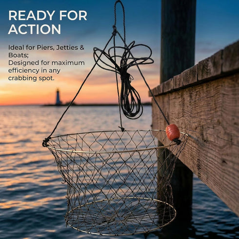 Nenkarn 24" 50ft Set Double Ring Crab Trap Kit with Rope, Heavy Duty Steel Wire Mesh Crab Net for Dungeness, Blue