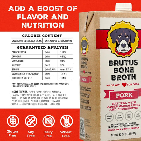 Brutus Bone Broth for Dogs, All Natural, Made in USA, Glucosamine & Chondroitin, Hydrating Dog Food Topper (Pork,