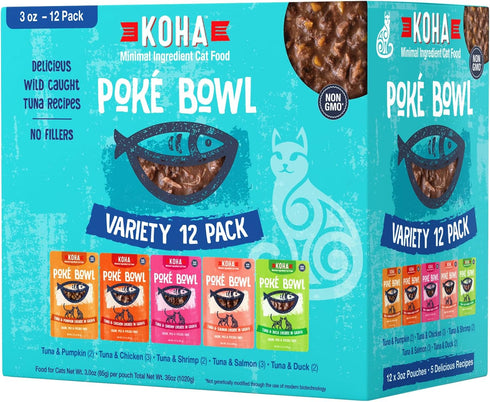 Pet Food Poké Bowl Cat Variety Pack, Wet Cat Food in Gravy - 5 Flavors - 3 oz Pouches, Pack of 12