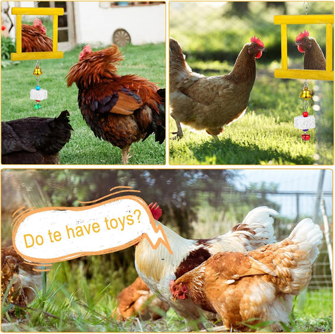 Lnngub 1pc 2pcs Chicken Toys - Hanging Bell Parrot Chicken Swing Mirror + Beak Grinding Stones for Enrichment, Perfect
