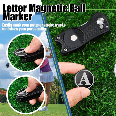 Golf Divot Repair Tool with Monogrammed Initial Golf Ball Marker, Foldable Metal Tool with Magnetic Putt