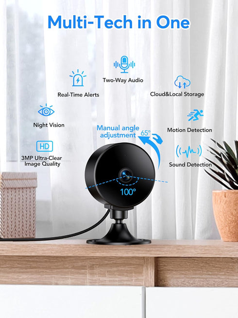Elelink 2K 3MP, 256GB 2.4GHz Indoor Security Camera Motion & Sound Detection, Real-Time Alerts, Two-Way Audio, Works