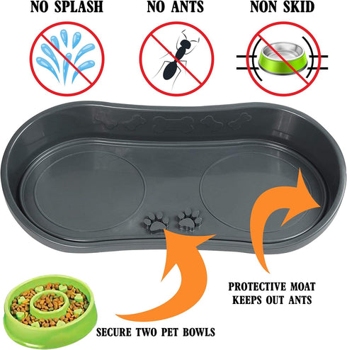 Non-Skid Pet Bowl Tray with 2 Slow Down Bowls Set - For Small to Medium Dogs