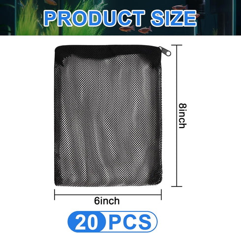 20pcs Aquarium Filter Media Bags 8x6inch Fine Mesh Bags Reusable Filter Bags with Plastic Zipper for Biospheres,Ceramic Rings(Black)