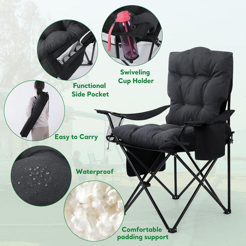 BALAPET Folding Padded Camping Chair with Cushion, Large Padded Outdoor Chair with Cup Holder Storage and Cooler Bag
