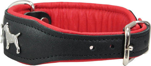Real Leather Soft Padded Dog Collar, 1.75" Wide for Bull Terrier (13"-15.25" Neck, Black/Red)