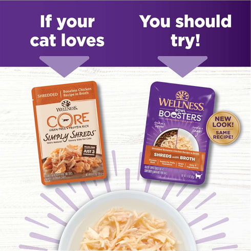 Wellness Bowl Boosters Grain Free Wet Cat Food Topper, Shredded Chicken Recipe in Broth, 1.75 Ounce Pouches (Pack of 12)