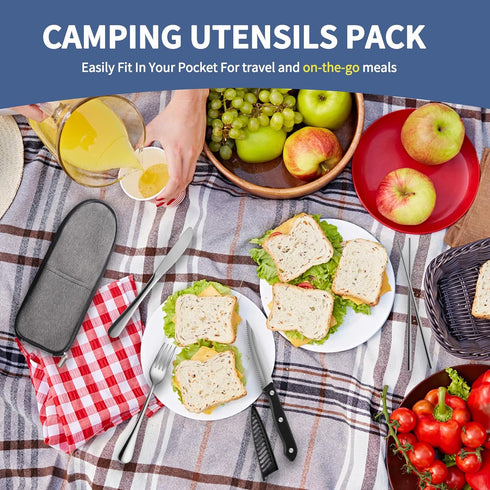 Portable Travel Utensils Set, Reusable Stainless Steel Flatware Set with Case, Cutlery for Camping, School, Picnic