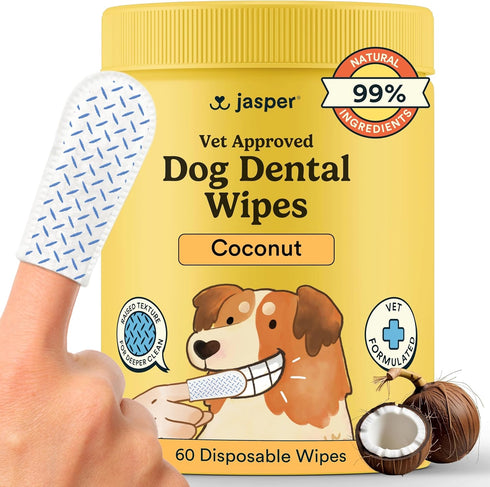 Jasper Dog Dental Wipes, Vet-Recommended All-Natural Finger Toothbrush Wipes for Dogs, Fresh