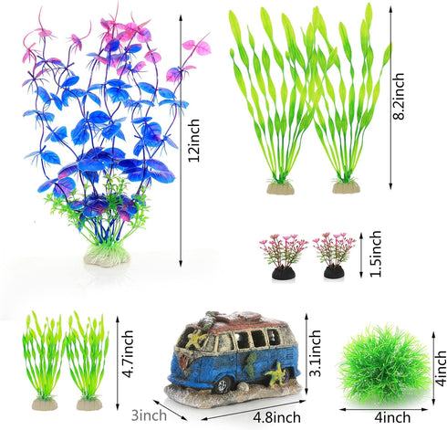 ALEGI Fish Tank Decorations with Resin Cave Rock View, Purple Set of Plastic Plants and Hideout Ornaments