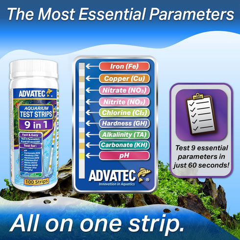 9 in 1 Aquarium Test Strips for Salt & Freshwater, Fish Tank Tester Kit for Iron, Copper, pH, Nitrate & More