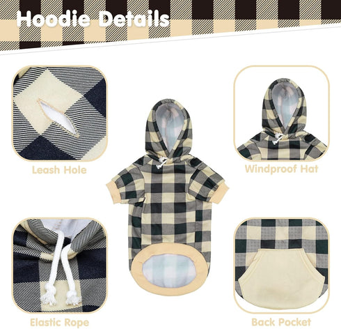 KOOLTAIL Plaid Dog Hoodie, Pet Clothes Sweater with Hat and Pocket for Small Medium Large Dogs, Soft Winter Coat