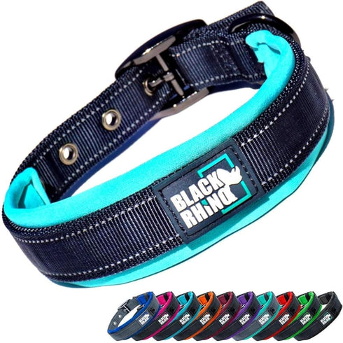 Black Rhino Adjustable Reflective Dog Collars for Medium Dogs - Heavy Duty with Ultra-Soft Neoprene Padding - Aqua and