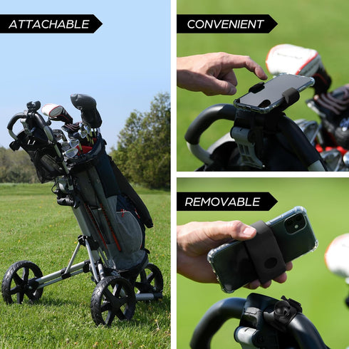 Golf Push Cart Phone Holder - Silicone Phone Mount Compatible with Clicgear, Sun Mountain, and More