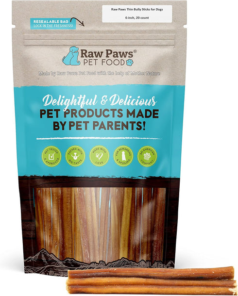 Raw Paws Thin Bully Sticks for Small Dogs, 6-Inch, 20 Count, Low Odor Chews for Puppies