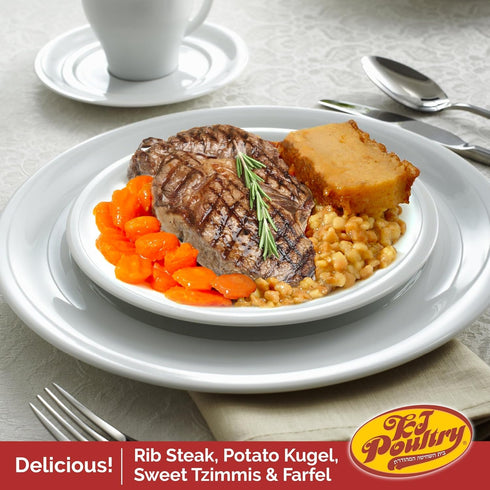 (3 Pack) KJ Poultry Kosher Ready Meals - Beef Rib Steak & Kugel, MRE Meat Meals Ready to Eat, Shabbos Food Prepared