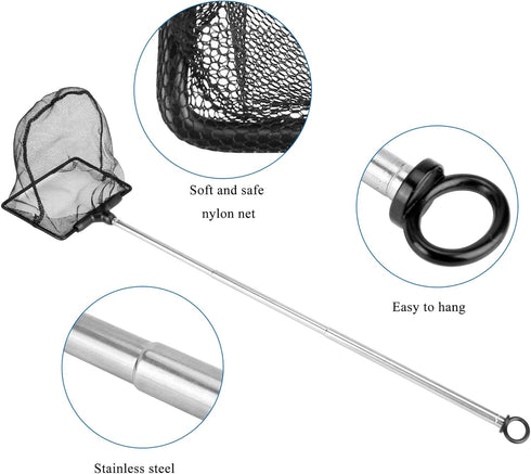 Lpraer Aquarium Fish Net - 3.2" x 4" with Extendable 7.4"-16.3" Telescopic Stainless Steel Handle
