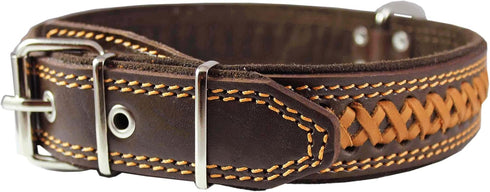 Genuine Leather Braided Dog Collar, Brown, 1.6" Wide, Fits 19"-24" Neck